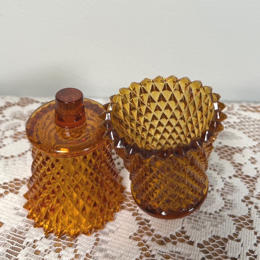 Vintage Amber Glass Diamond Point Peg Votive Candle Holders MCM Retro Set of 2 - Picture 2 of 5